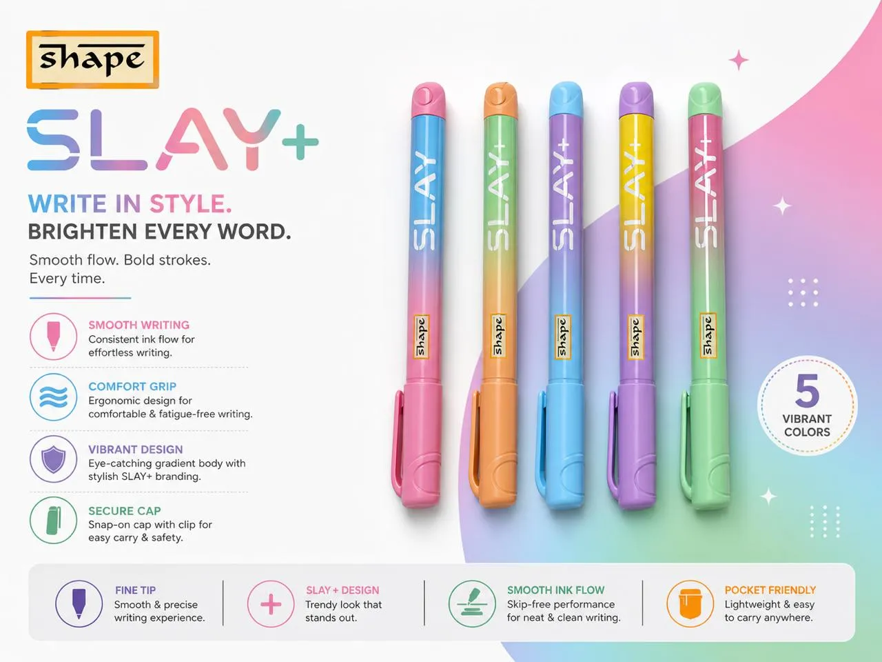 SHAPE SLAY+ Ball Pen – Smooth Writing Pastel Design Pens - Image 2