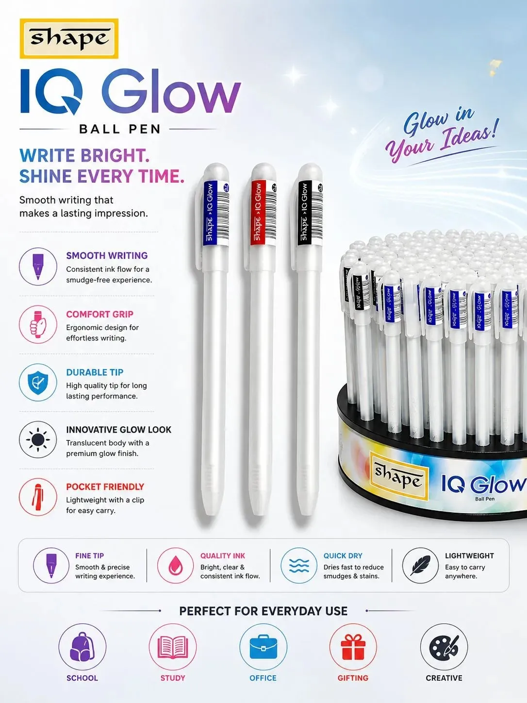 SHAPE IQ Glow Ball Pen – Glow Effect Smooth Writing Pens - Image 3