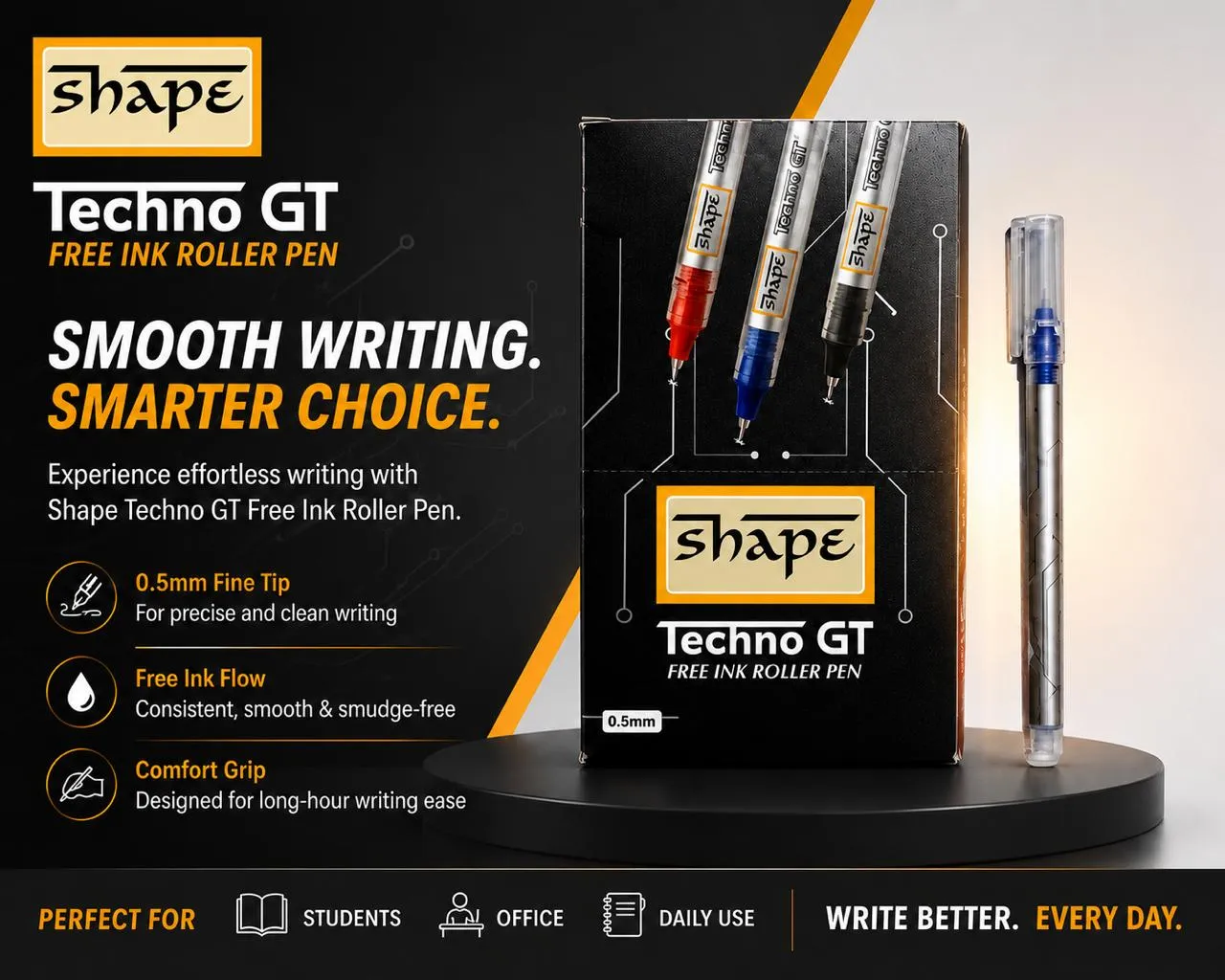 SHAPE Techno GT Free Ink Roller Pen – 0.5mm Smooth Writing Roller Pens - Image 2